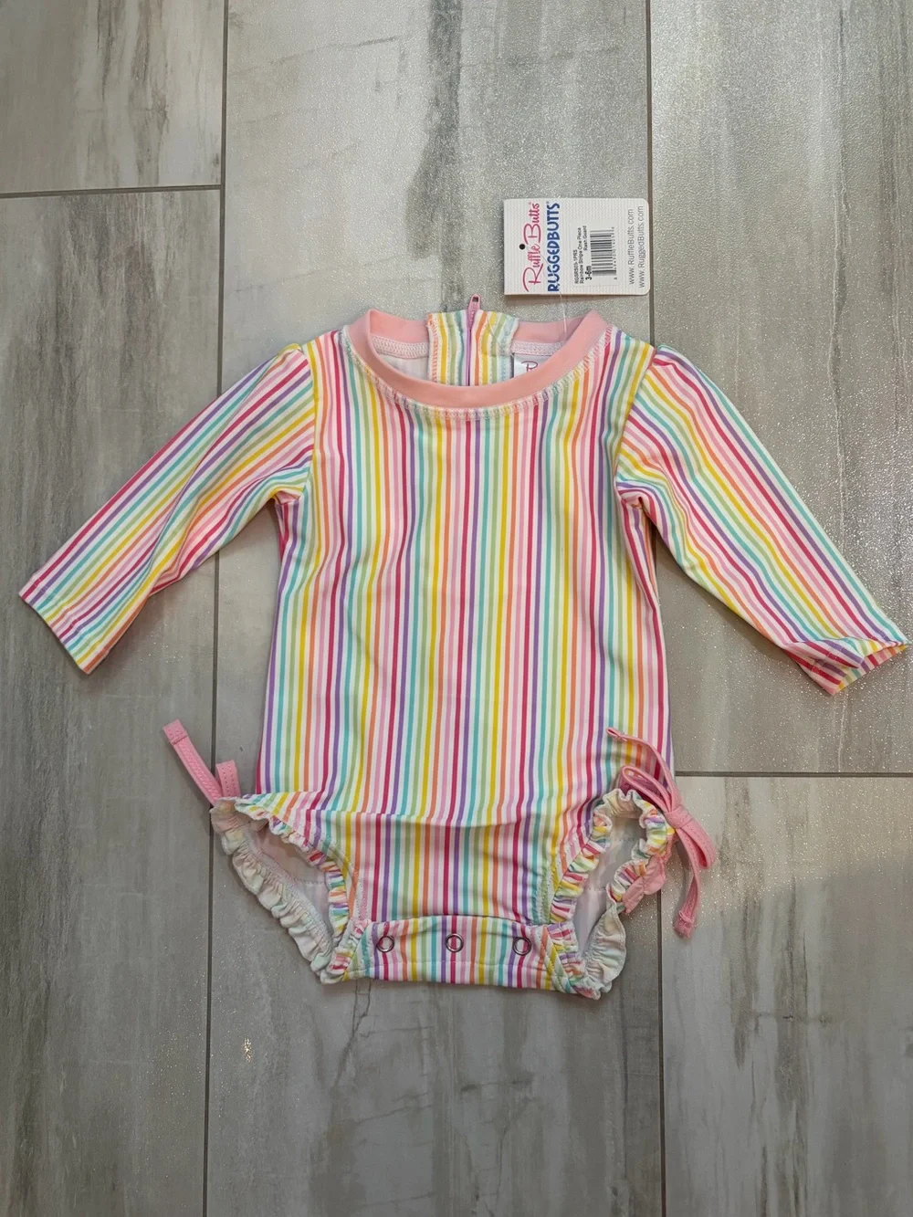 NWT RuffleButts Colorful Rainbow Stripe Long Sleeve Rash Guard Swimsuit 3-6M